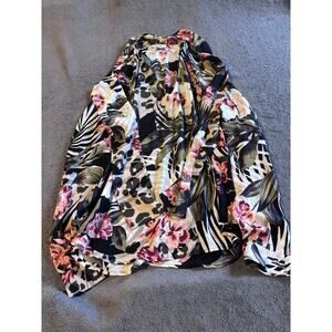 bar III Blouse Womens XXS Floral Leopard Print Long Sleeve Cowl Neck Black